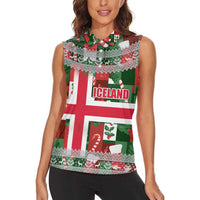 Iceland Christmas Women Sleeveless Polo Shirt with Green & Red Candy Cane Pattern Santa Claus and National Flag Motif - Wonder Print Shop