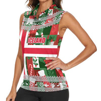 Iceland Christmas Women Sleeveless Polo Shirt with Green & Red Candy Cane Pattern Santa Claus and National Flag Motif - Wonder Print Shop
