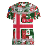 Iceland Christmas Women V-Neck T-Shirt with Green & Red Candy Cane Pattern Santa Claus and National Flag Motif - Wonder Print Shop