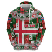 Iceland Christmas Zip Hoodie with Green & Red Candy Cane Pattern Santa Claus and National Flag Motif - Wonder Print Shop