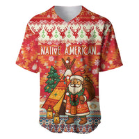 Native American Christmas Baseball Jersey with Red & Orange Geometric Pattern Santa Claus and Teepee Motif - Wonder Print Shop