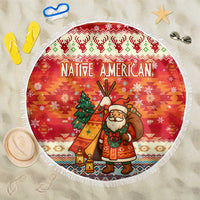 Native American Christmas Beach Blanket with Red & Orange Geometric Pattern Santa Claus and Teepee Motif - Wonder Print Shop