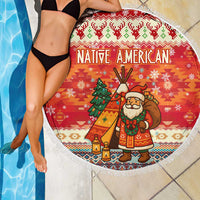 Native American Christmas Beach Blanket with Red & Orange Geometric Pattern Santa Claus and Teepee Motif - Wonder Print Shop