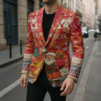 Native American Christmas Blazer with Red & Orange Geometric Pattern Santa Claus and Teepee Motif - Wonder Print Shop