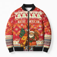 Native American Christmas Bomber Puffer Jacket with Red & Orange Geometric Pattern Santa Claus and Teepee Motif - Wonder Print Shop