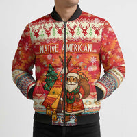 Native American Christmas Bomber Puffer Jacket with Red & Orange Geometric Pattern Santa Claus and Teepee Motif - Wonder Print Shop