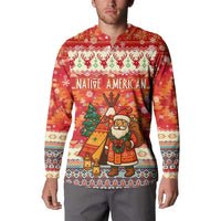 Native American Christmas Button Sweatshirt with Red & Orange Geometric Pattern Santa Claus and Teepee Motif - Wonder Print Shop