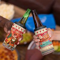 Native American Christmas 4 in 1 Can Cooler Tumbler with Red & Orange Geometric Pattern Santa Claus and Teepee Motif - Wonder Print Shop