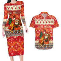Native American Christmas Couples Matching Long Sleeve Bodycon Dress and Hawaiian Shirt with Red & Orange Geometric Pattern Santa Claus and Teepee Motif - Wonder Print Shop