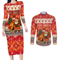 Native American Christmas Couples Matching Long Sleeve Bodycon Dress and Long Sleeve Button Shirt with Red & Orange Geometric Pattern Santa Claus and Teepee Motif - Wonder Print Shop