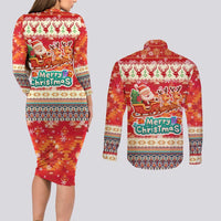 Native American Christmas Couples Matching Long Sleeve Bodycon Dress and Long Sleeve Button Shirt with Red & Orange Geometric Pattern Santa Claus and Teepee Motif - Wonder Print Shop
