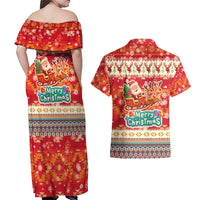 Native American Christmas Couples Matching Off Shoulder Maxi Dress and Hawaiian Shirt with Red & Orange Geometric Pattern Santa Claus and Teepee Motif - Wonder Print Shop