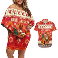 Native American Christmas Couples Matching Off Shoulder Short Dress and Hawaiian Shirt with Red & Orange Geometric Pattern Santa Claus and Teepee Motif - Wonder Print Shop