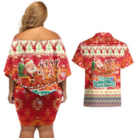 Native American Christmas Couples Matching Off Shoulder Short Dress and Hawaiian Shirt with Red & Orange Geometric Pattern Santa Claus and Teepee Motif - Wonder Print Shop