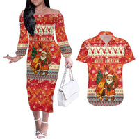 Native American Christmas Couples Matching Off The Shoulder Long Sleeve Dress and Hawaiian Shirt with Red & Orange Geometric Pattern Santa Claus and Teepee Motif - Wonder Print Shop