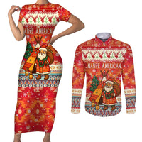 Native American Christmas Couples Matching Short Sleeve Bodycon Dress and Long Sleeve Button Shirt with Red & Orange Geometric Pattern Santa Claus and Teepee Motif - Wonder Print Shop