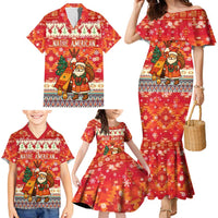 Native American Christmas Family Matching Mermaid Dress and Hawaiian Shirt with Red & Orange Geometric Pattern Santa Claus and Teepee Motif - Wonder Print Shop