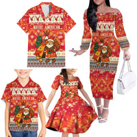 Native American Christmas Family Matching Off The Shoulder Long Sleeve Dress and Hawaiian Shirt with Red & Orange Geometric Pattern Santa Claus and Teepee Motif - Wonder Print Shop