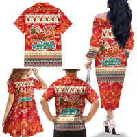 Native American Christmas Family Matching Off The Shoulder Long Sleeve Dress and Hawaiian Shirt with Red & Orange Geometric Pattern Santa Claus and Teepee Motif - Wonder Print Shop