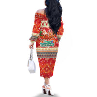 Native American Christmas Family Matching Off The Shoulder Long Sleeve Dress and Hawaiian Shirt with Red & Orange Geometric Pattern Santa Claus and Teepee Motif - Wonder Print Shop