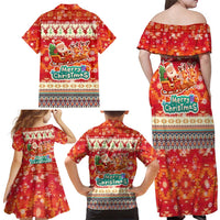 Native American Christmas Family Matching Off Shoulder Maxi Dress and Hawaiian Shirt with Red & Orange Geometric Pattern Santa Claus and Teepee Motif - Wonder Print Shop