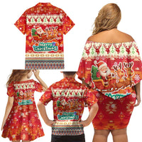 Native American Christmas Family Matching Off Shoulder Short Dress and Hawaiian Shirt with Red & Orange Geometric Pattern Santa Claus and Teepee Motif - Wonder Print Shop