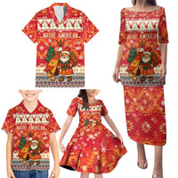 Native American Christmas Family Matching Puletasi and Hawaiian Shirt with Red & Orange Geometric Pattern Santa Claus and Teepee Motif - Wonder Print Shop