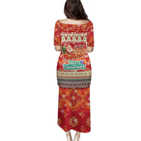 Native American Christmas Family Matching Puletasi and Hawaiian Shirt with Red & Orange Geometric Pattern Santa Claus and Teepee Motif - Wonder Print Shop