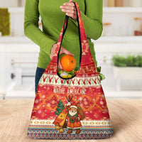 Native American Christmas Grocery Bag with Red & Orange Geometric Pattern Santa Claus and Teepee Motif - Wonder Print Shop