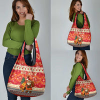 Native American Christmas Grocery Bag with Red & Orange Geometric Pattern Santa Claus and Teepee Motif - Wonder Print Shop