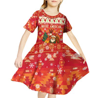 Native American Christmas Kid Short Sleeve Dress with Red & Orange Geometric Pattern Santa Claus and Teepee Motif - Wonder Print Shop