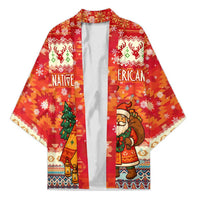 Native American Christmas Kimono with Red & Orange Geometric Pattern Santa Claus and Teepee Motif - Wonder Print Shop