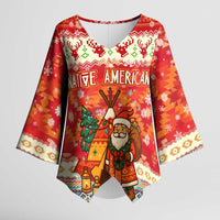 Native American Christmas Kimono Sleeve Blouse with Red & Orange Geometric Pattern Santa Claus and Teepee Motif - Wonder Print Shop