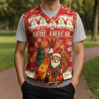 Native American Christmas Knitted V-Neck Vest with Red & Orange Geometric Pattern Santa Claus and Teepee Motif - Wonder Print Shop