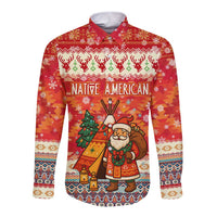 Native American Christmas Long Sleeve Button Shirt with Red & Orange Geometric Pattern Santa Claus and Teepee Motif - Wonder Print Shop