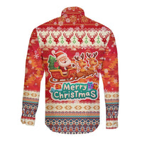 Native American Christmas Long Sleeve Button Shirt with Red & Orange Geometric Pattern Santa Claus and Teepee Motif - Wonder Print Shop