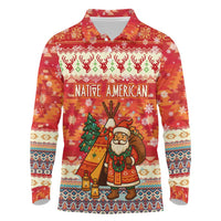 Native American Christmas Long Sleeve Polo Shirt with Red & Orange Geometric Pattern Santa Claus and Teepee Motif - Wonder Print Shop