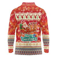 Native American Christmas Long Sleeve Polo Shirt with Red & Orange Geometric Pattern Santa Claus and Teepee Motif - Wonder Print Shop