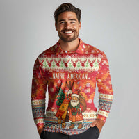 Native American Christmas Long Sleeve Polo Shirt with Red & Orange Geometric Pattern Santa Claus and Teepee Motif - Wonder Print Shop