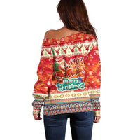 Native American Christmas Off Shoulder Sweater with Red & Orange Geometric Pattern Santa Claus and Teepee Motif - Wonder Print Shop