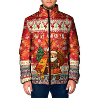 Native American Christmas Padded Jacket with Red & Orange Geometric Pattern Santa Claus and Teepee Motif - Wonder Print Shop