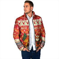 Native American Christmas Padded Jacket with Red & Orange Geometric Pattern Santa Claus and Teepee Motif - Wonder Print Shop