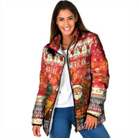 Native American Christmas Padded Jacket with Red & Orange Geometric Pattern Santa Claus and Teepee Motif - Wonder Print Shop