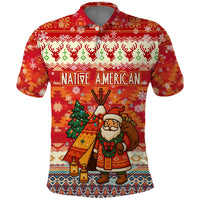 Native American Christmas Polo Shirt with Red & Orange Geometric Pattern Santa Claus and Teepee Motif - Wonder Print Shop