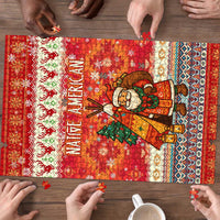 Native American Christmas Puzzle with Red & Orange Geometric Pattern Santa Claus and Teepee Motif - Wonder Print Shop