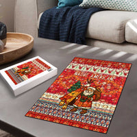 Native American Christmas Puzzle with Red & Orange Geometric Pattern Santa Claus and Teepee Motif - Wonder Print Shop