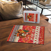 Native American Christmas Puzzle with Red & Orange Geometric Pattern Santa Claus and Teepee Motif - Wonder Print Shop