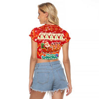 Native American Christmas Raglan Cropped T Shirt with Red & Orange Geometric Pattern Santa Claus and Teepee Motif - Wonder Print Shop
