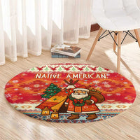 Native American Christmas Round Carpet with Red & Orange Geometric Pattern Santa Claus and Teepee Motif - Wonder Print Shop