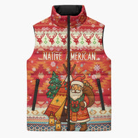 Native American Christmas Sleeveless Puffer Jacket with Red & Orange Geometric Pattern Santa Claus and Teepee Motif - Wonder Print Shop